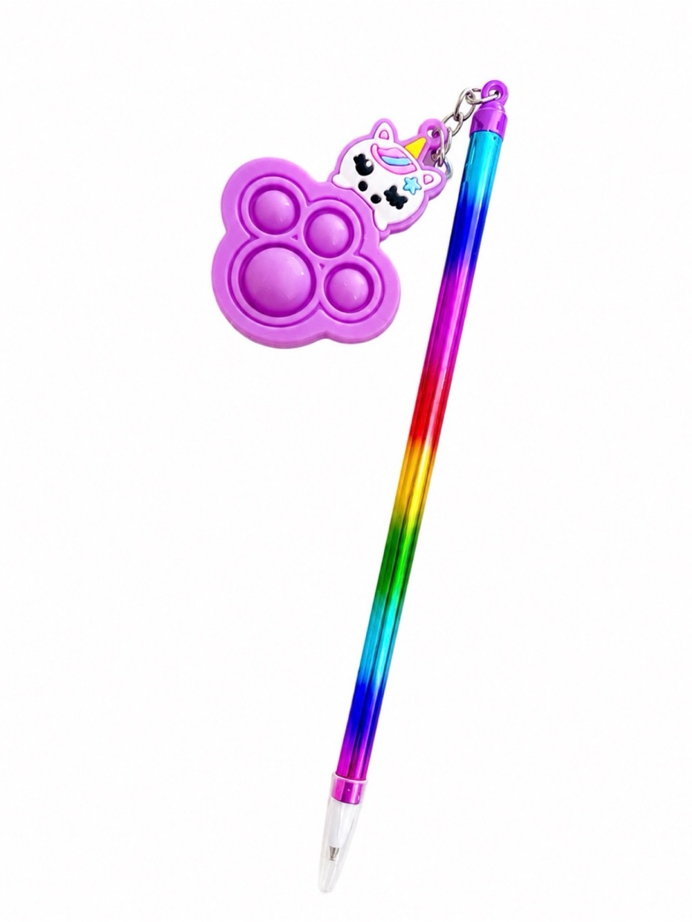 CUTE KAWAII RAINBOW BARREL INK PEN WITH CARTOON UNICORN POP IT CHARM